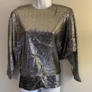 Vintage 1970s Disco Top Blouse Metallic Silver Medium Polka Dot NOS Deadstock